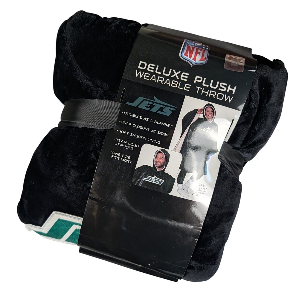 NFL New York Jets Deluxe Plush Wearable Throw Sherpa Lined Black 60x80 Blanket